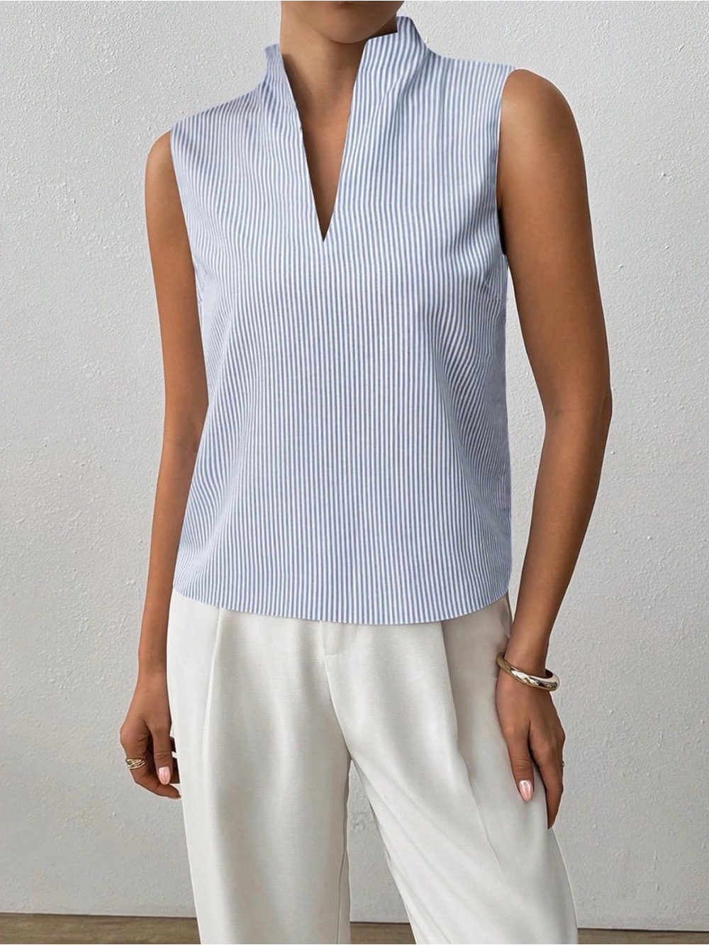 Sleeveless Blue Stripe Split-Neck Women’s Top